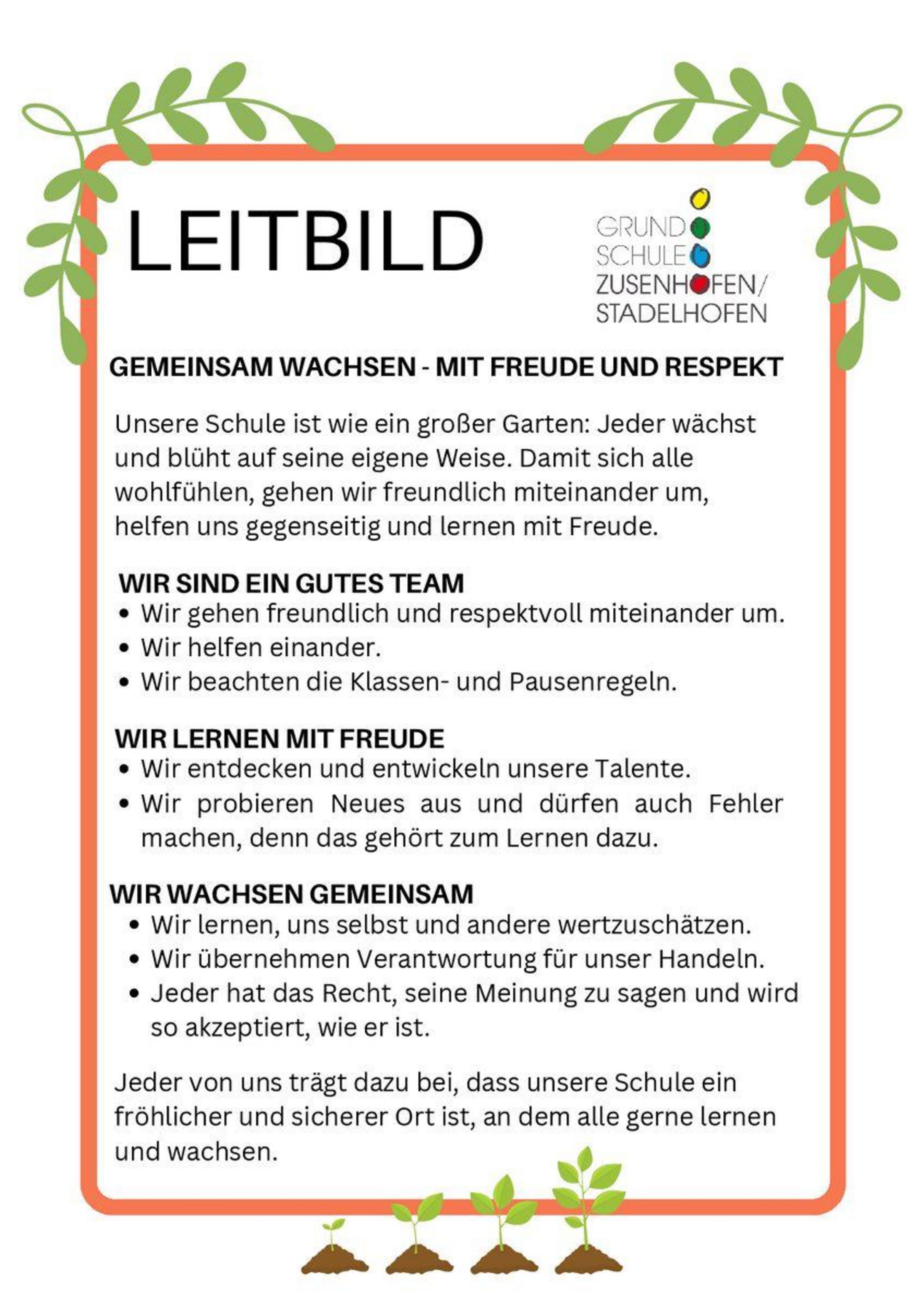 Unser Leitbild: Gemeinsam wachsen – mit Freude und Respekt  Unsere Schule ist wie ein großer Garten: Jeder wächst und blüht auf seine eigene Weise. Damit sich alle wohlfühlen, gehen wir freundlich miteinander um, helfen uns gegenseitig und lernen mit Freude.  Wir sind ein gutes Team. Wir gehen freundlich und respektvoll miteinander um, helfen einander und beachten die Klassen- und Pausenregeln.  Wir lernen mit Freude. Wir entdecken und entwickeln unsere Talente. Wir probieren Neues aus und dürfen auch Fehler machen, denn das gehört zum Lernen dazu.  Wir wachsen gemeinsam. Wir lernen, uns selbst und andere wertzuschätzen und übernehmen Verantwortung für unser Handeln. Jeder hat das Recht, seine Meinung zu sagen und wird so akzeptiert, wie er ist.  Jeder von uns trägt dazu bei, dass unsere Schule ein fröhlicher und sicherer Ort ist, an dem alle gerne lernen und wachsen.